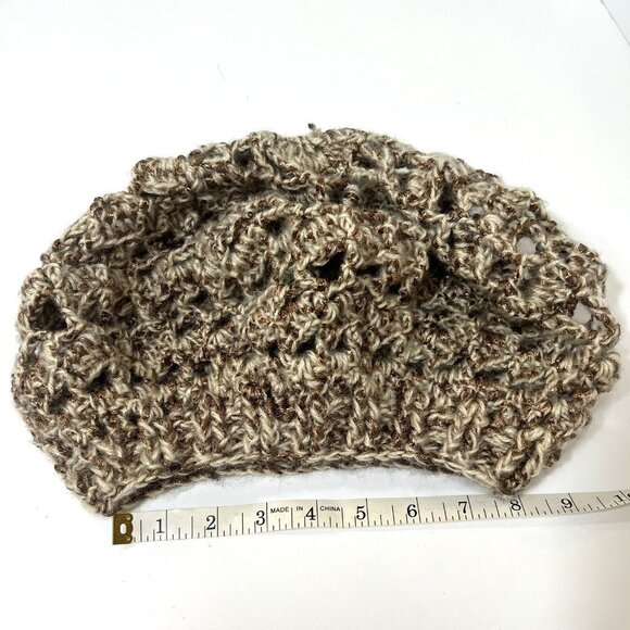 New Handmade Crochet Slouchy Beret Hat Tan Metallic Brown Boho Unisex - Picture 6 of 8